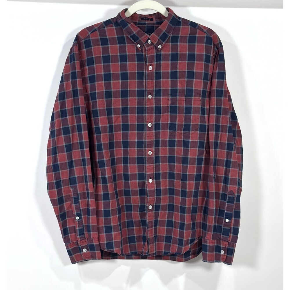 J Crew Slim Fit Plaid Button Down Cotton Blue Red - Mens Large
